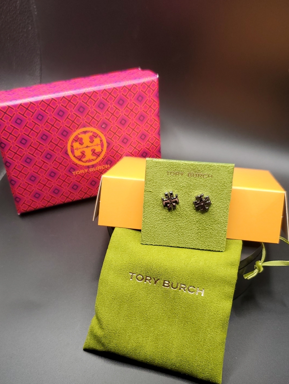 Tory Burch Silver Logo Stud Earrings with Green Suede Pouch